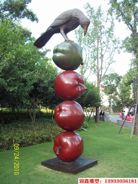 小鸟踩苹果不锈钢雕塑 小区不锈钢雕塑小品.
