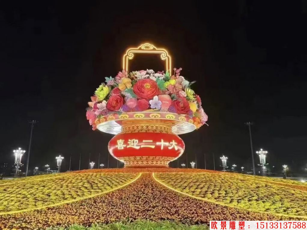 天安门仿真花篮雕塑，玻璃钢仿真花卉绢花花篮雕塑